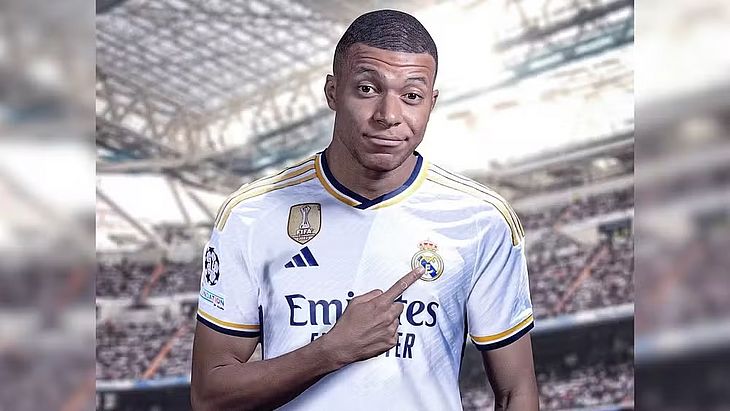 Montagem de Mbappé com a camisa do Real Madrid