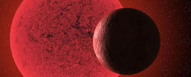 Representação artística de uma Super-Terra orbitando uma estrela anã vermelha 