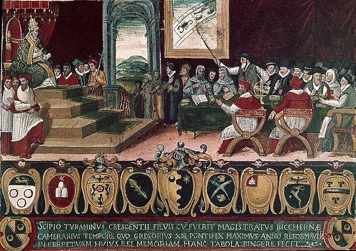Pintura retratando o Papa Gregório XIII (na esquerda), em discussão sobre a necessidade de reforma do calendário