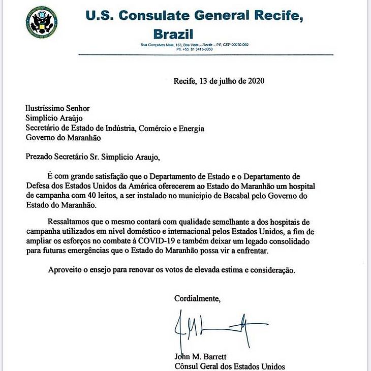 Ofício enviado pelo consulado dos Estados Unidos ao Governo do Maranhão